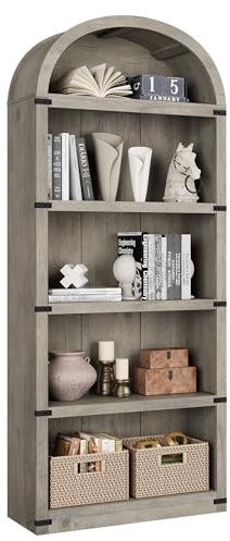 Lidzopas Arched 5-Tier Wooden Bookcase Cabinet with Doors for Office, Living Room, Bedroom, 71.65in Tall Farmhouse Bookshelf, Display & Storage Rack, Gray