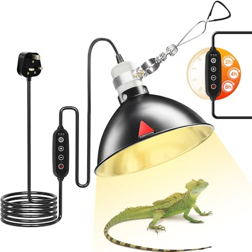Vutlace Reptile Heat Lamp, Tortoise Heat Lamp with Timer, 150W E27 Infrared Reptile Heat Lamp with 2/4/8 Timer, Terrarium Hood lamp for Reptile, Tortoise, Beard Dragon(Without Bulb) (Upgraded 300W)