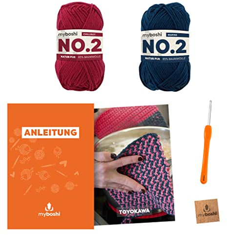 myboshi Häkelset Topflappen Toyokawa, inkl. No.2 Wolle, Nadel und Anleitung, Häkelpaket, 85% Baumwolle, 15% Kapok Rot,Blau, mit Häkelnadel