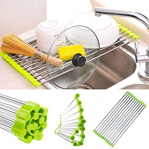 SHOP-STORY - Égouttoir Pliable Antidérapant en Acier pour Evier Lavabo - Séchage Vaisselle Fruits Légumes - Peut être utilisé comme Passoire et Repose Plat - Dimension 37 x 23 cm - Couleur Vert