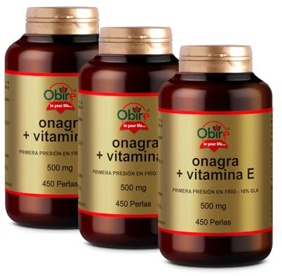 Obire Aceite de Onagra 500 mg con 10% en GLA (Ácido Gamma-linolénico) + 3,35 mg de Vitamina E - 450 perlas, 3 Unidades