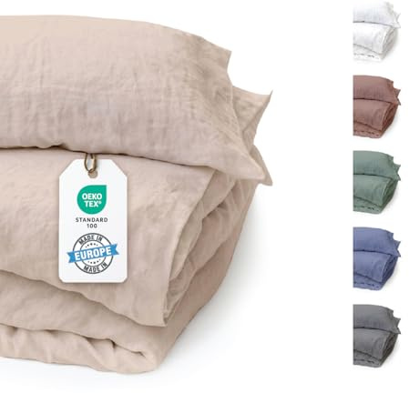 BLUE MOON Bettwäsche 135x200 Leinenbettwäsche [ÖKO-TEX] - 2teilig - 1 Bettbezug 135 x 200 + 1 Kissenbezug 80x80 cm - Luxuriöse Leinen Bettwäsche aus 100% Leinen - Made in EU - Stone Washed - Sand