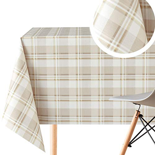 Cream Tartan Pattern Vinyl Table Cloth Wipe Clean Rectangle 200x140cm | 78x55in Up To 6 Seats - Heavy Weight Wipeable Tablecloth Waterproof Plastic PVC Table Cover In Light Beige Luxury Madcuff