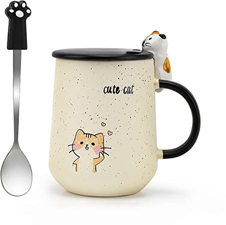 KIPIDA Katze Tassen, Süße Keramik Kaffeetasse, Geschenk Valentinstag, Geschenke für Frauen, Kaffee-Tasse Kaffeebecher, Becher Geschenk Teetasse mit Deckel und löffel, Morgen Cup Tee Milch Becher