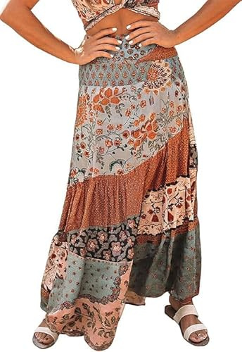 EARKOHA 2024 Womens Summer Boho Maxi Skirt Elastic High Waisted A-Line Flowy Beach Skirts Vintage Boho S