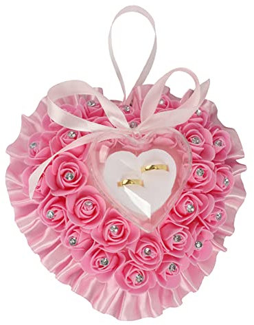 ISAKEN Ringkissen Elegant Herzform Hochzeit Ringhalter mit Satin Blumen, Romantische Herzförmige Eheringbox Strass Ringträger Kleiner Ringbox für Eheringe Verlobung