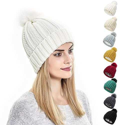 Kunyeah Berretto invernale da donna lavorato a maglia con pompon foderato in seta satinata, caldo cappello a tinta unita per donne e ragazze, Bianco, taglia unica
