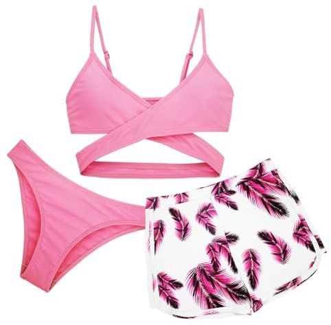 Panegy Bambini Ragazze Bikini Tankini Set 3 Pezzi Costume da Bagno Crop Top con Pantaloncini Piscina Quick Dry Costume da Bagno Costume da Spiaggia Estiva Rosa 10-11 Anni