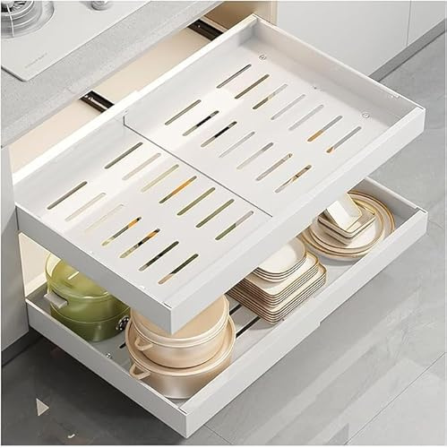 Extendable Drawer Kitchen Storage Rack Drawer Inserts for Kitchen Cabinet, Slide Out Drawer Cabinet Organizer Kitchen, Telescopic Drawer (Color : White, Size : 46-68cm)