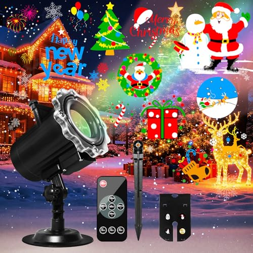 Proiettore Natale Esterno,16HD Multi Festival Slides Luci Natale,Proiettore Fiocchi di Neve con Telecomando Timer Per Indoor Outdoor,Illuminazione Natalizia da Esterno,Natale Decorazioni Casa