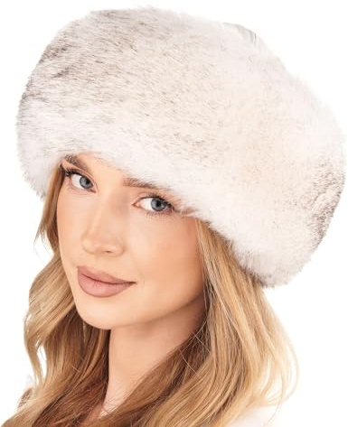 Futrzane Siberian Colbacco - Cappello in Pelle con Pelliccia da Donna Elegante (L, Bianco - Bianco con Nero Siberian)