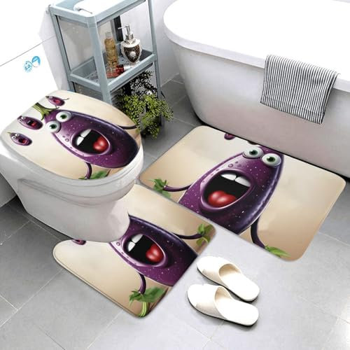 VTCTOASY Badezimmerteppich-Set, 3-teilig, Cartoon-Auberginen-Badezimmerteppich, rutschfest, Badteppiche für Badezimmer, Heimdekoration, Badematten-Set, waschbar, Duschteppich für Schlafzimmer, Küche
