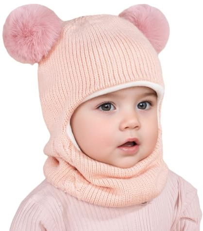 Uposao Varm mössa för barn scarf baby öronlapp mössor huva pom småbarn hatt vindtät balaklava för 0-5 år flickor pojkar småbarn utomhusaktiviteter, Rosa