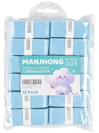 MANJHONG Tennis Racket Grip Tape (Pack of 12) - Soft Dry Feel Overgrip for Badminton Squash Pickleball Racquet, Sky Blue 12 Pack
