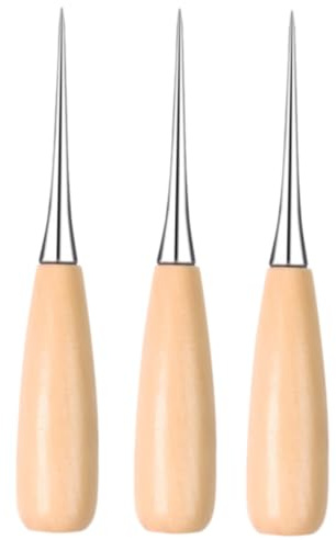 SGERUFZ Set da 3, Punteruolo con Manico in Legno, Bulino in Pelle, Professionale per Cucito, Set per Cucire con Punta Rotonda e Aghi per Punzonatura, DIY Lavori in Pelle, Cucire e Punzonare la Pelle