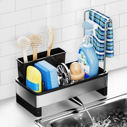 HONZUEN Organizador Fregadero Cocina, Organizador Cocina en Acero Inoxidable, Estante para Utensilios con Sistema de Drenaje, Porta Estropajos Fregadero, Soporte Esponja Fregadero, Negro