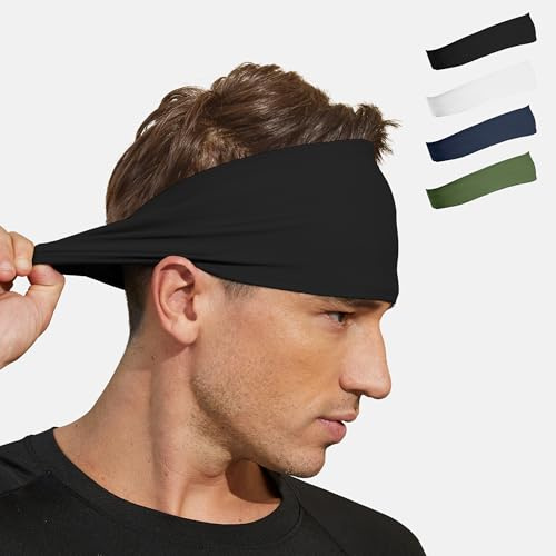 VIMPEP Sports Headbands for Men Soft Feeling Sweatband Workout Headband for Running,Basketball,Tennis,Yoga Fitness Stretchy Quick-Dry Hairband for Unisex (4Pack) Black,White, Dark Blue, Green