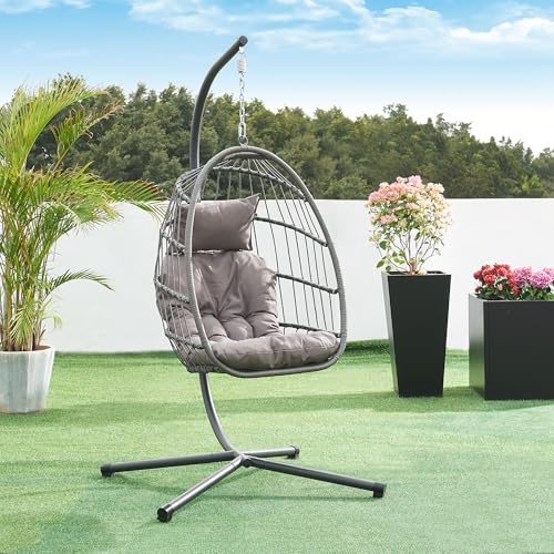 [en.casa] Fauteuil Suspendu avec Support Siège Oeuf Chaise Hamac avec Armature pour Extérieur Intérieur Charge Max 100 kg Acier Laqué Polyrotin Polyester 196 x 110 x 95 cm Gris