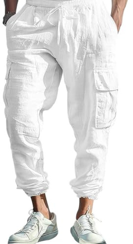OLIPHEE Pantaloni di Lino da Uomo Lunghi con Cargo Tasche e Coulisse Casual Pantaloni Uomo Estivi Leggeri Comodo con Elastico Vita Loose Fit Pantalone da Yoga Spiaggia Bianco XXL