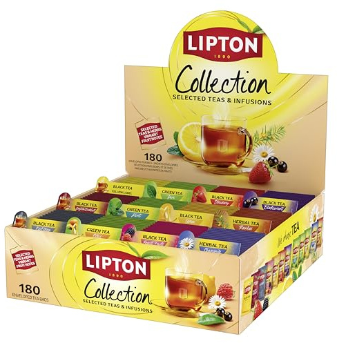 Lipton, Séléction Détente, Nouveau Coffret Thé et Infusions, 12 Goûts Différents, Thé Vert, Thé Noir et Infusions, Infusion à Froid ou Chaud, 1 Boite de 180 Sachets