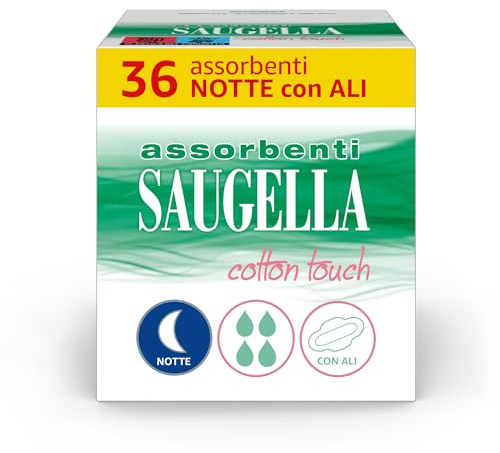 Saugella Assorbenti Cotton Touch Notte, 36 Assorbenti Cotone Notte con Ali, Azione Antibatterica, Antiodore e Lenitiva