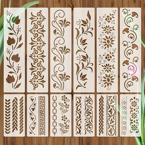 Kemay 12 Pcs Flower & Botanical Stencils Set, Reusable Wall paintingLeaf Painting Templates for Wood, Wall, Fabric Art - DIY Nature Craft Kit for Home Decor, Furniture & Kids Classroom Projects
