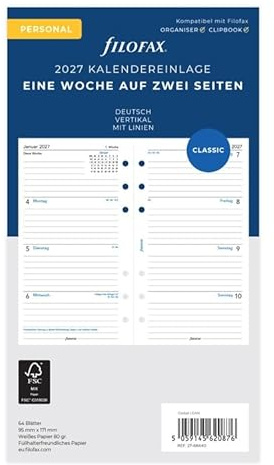 Filofax Inserto per calendario personale, 1 settimana su 2 pagine, verticale, tedesco 2027