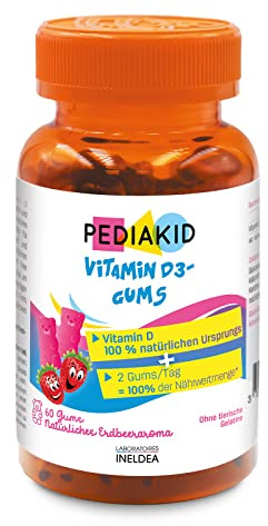 PEDIAKID - Gommes Vitamine D3 - Renforcement des défenses naturelles - Croissance & résistance - Dès 3 ans - Goût Fraise - Couvre 100% des apports journaliers recommandés - 60 gommes