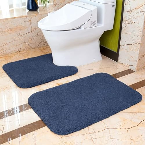 VANZAVANZU Badematten Set 2 Teilig rutschfest Badvorleger Verdickt Badteppich Weich Flauschige Mikrofaser Badezimmer Teppich, 50 x 80cm Badeteppich + 50 x 60cm WC Vorleger (Marineblau)
