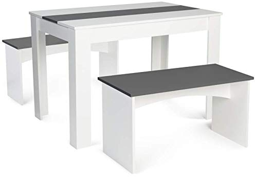 IDMarket - Set Esstisch und 2 Bänke Rozy 4 Personen, weiß und grau, 110 cm
