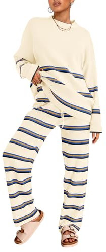 LILLUSORY, 2-teiliges Set für Damen, 2025, zweiteiliges Lounge-Set, Herbstmode, übergroße gestreifte Strickpullover, Outfits, L