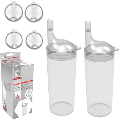 DR. BONE'S THERAPEUTICS ® Set of 2: Transparent, Wide Spout, Feeding Beakers. 250ml with Graduated Measurements and Adjustable Flow Lid - Autoclavable, Microwave Safe Spill-Proof & Leak Prevention