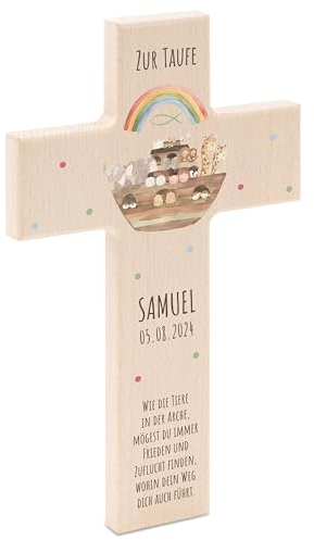Bärenfreunde - Personalisiertes Taufkreuz mit hochwertigem Spezial-Druck aus massivem Buchenholz - Taufe Geschenk - Holzkreuz Taufe (Arche Noah Tiere)