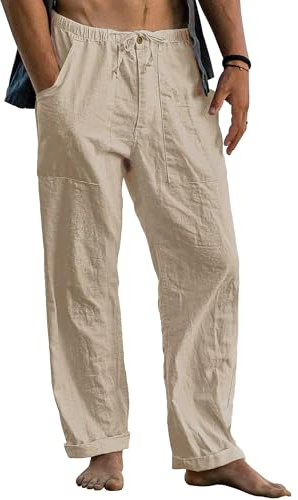 Cegerne Pantalones de Lino para Hombre Pantalones Ligeros de Verano Pantalones Casuales de Corte Holgado con cordón para la Playa Todos los días, Z-Caqui, M