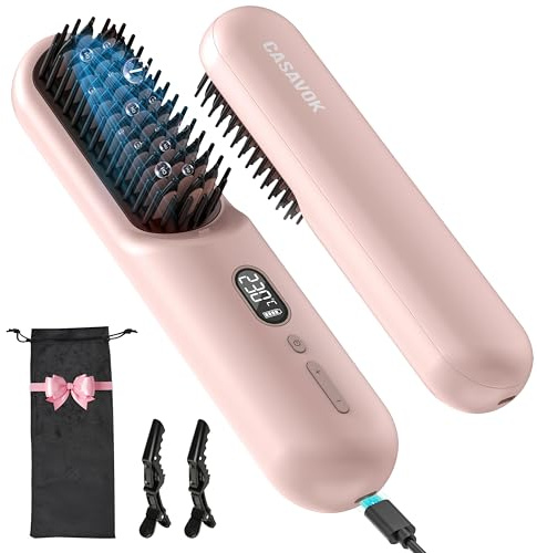 Portable Cordless Hair Straightener Brush for Travel,Mini Hair Straightener Comb with Negative Ion,Hair Straightener Brush Hot Comb for Women, Rechargeable 9600mAh Battery,12 Temp-Setting,Pink