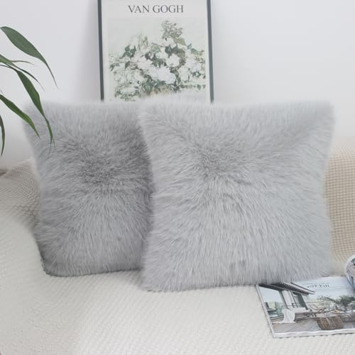 NIULAA Set di 2 federe per cuscini in finta pelliccia, 50 x 50 cm, in morbido peluche, lussuose, decorative, per divano, 50,8 x 50,8 cm, colore: grigio