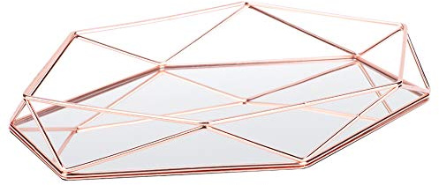 YUMILI Sexangle - Vassoio in metallo dorato con specchio, organizer per cosmetici e gioielli, elegante scatola portaoggetti per trucchi e accessori, lussuoso piatto da esposizione (oro rosa)