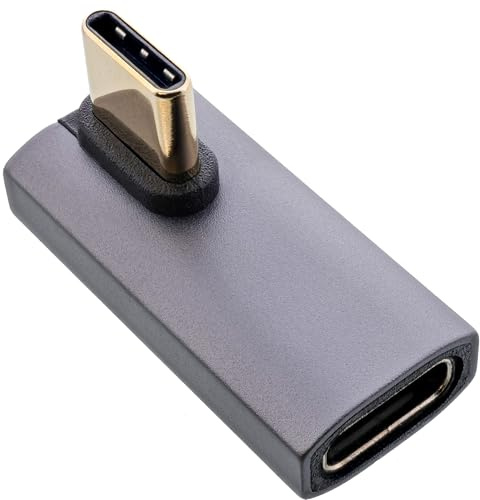 InLine® USB4-adapter, USB-C-kontakt till USB-C-uttag vertikalt vinklad, 40 Gb/s datahastighet, 240 W strömförsörjning, 8K@60Hz video, aluminiumhölje, grå, 35900H