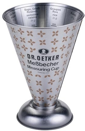 Dr. Oetker Vintage Messbecher aus Weißblech – Präzises Messinstrument für Küchenprofis und Backliebhaber, 11 x 15,5 cm, mit speziellen Innenskalen