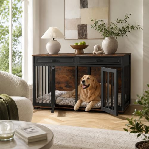 Jaula para perros XXL, jaula para perros con 2 cajones y 2 puertas, caja para perros grandes y medianos, mesa auxiliar, caseta interior, casa para perros para el hogar, negro, 164 x 60 x 80 cm, hierro
