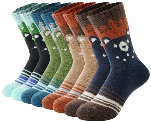 BISOUSOX Kids Merino Wool Thermal Socks for Hiking Boys Thick Welly Socks Cosy Winter Warm Walking Boots Socks for Kids 4-7 8-10 Years Old 4 Pairs Gift for Boys Girls