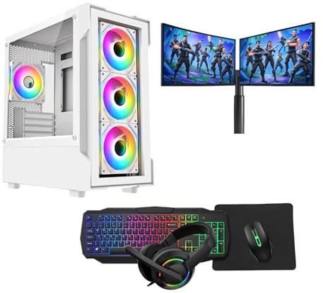 Gaming PC – Intel Core i5, GT710 2GB Graphics, 16GB RAM, 128GB SSD + 1TB HDD, Windows 11 Pro, Dual 22 Monitors, Keyboard, Mouse, Headset – Gaming PC Bundle (Neo White)