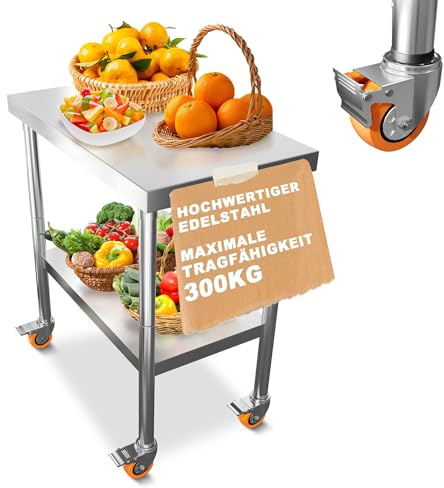 UISEBRT Arbetsbord i rostfritt stål, 4 stycken vridbara hjul med bromsar, förberedelserbord köksbord med justerbara höjdfötter, demonteringsbord lastkapacitet 300 kg för kök bar restaurangkärra, 85 x
