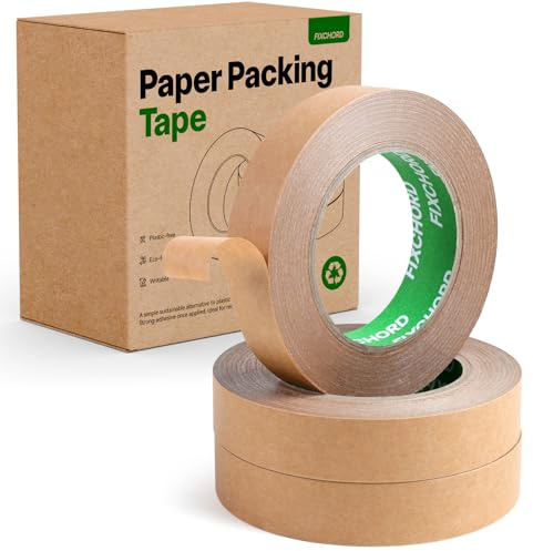FIXCHORD Miljövänlig Förpackningstejp Kraftpapper 24mm x 50m | Återvinningsbar Pappersförpackningstejp | Skrivbar och Vattentät | Papperstejp för packning av paket och lådor, flytt | 3 Rullar