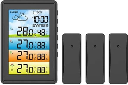 väderstation, Trådlös färgglad väderstation Digital inomhushygrometer Termometer Barometer Prognos Trend Månfas väckarklocka 3 sensor(Zwart)