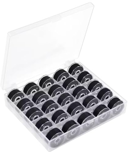 Bobbins for Sewing Machine 25-Pack, Class White Thread Spools with Bobbin Case, Universal Sewing Machine Accessories for Home, Industrial, Handheld, Embroidery Machines (Black)