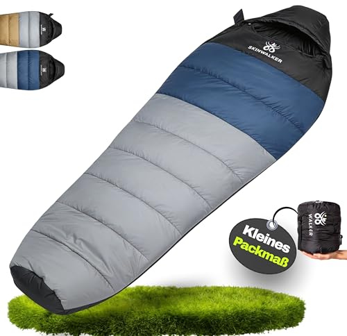 SKINWALKER Saco de dormir para 3 – 4 estaciones con [tamaño pequeño 1400 g] invierno y verano saco de dormir para exteriores, saco de dormir para camping y senderismo (gris-azul)