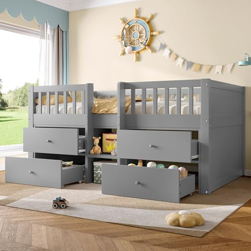 Low Loft Bed with Storage, Solid Wood Bed Frame with 4 Large Drawers, 3ft Single Wooden Storage Beds with Ladder & Guardrail, Bedroom Furniture For Kids Children Teens, Grey, No Mattress, 190x90 cm