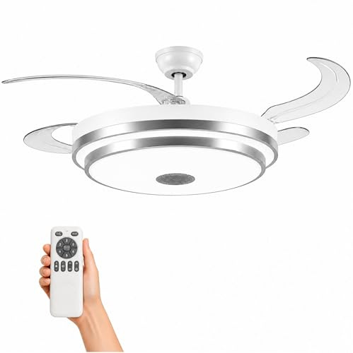 Genérico Ventilador de Techo con Luz LED, Altavoz Bluetooth, Aspas Plegables Retráctiles, Silencioso, Modo Verano/Invierno, Mando a Distancia, 6 Velocidades, Blanco