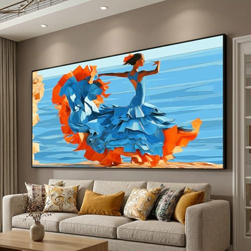 Cuadro decorativo de bailarina elegante, pintura al óleo sobre lienzo con vestido azul y naranja, pósteres de danza española, obra de arte para la decoración del hogar (80x150cm/marco interno)